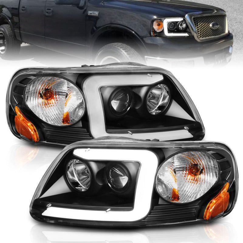 ANZO 1997-2003 Ford F-150 Projector Headlights w/ Light Bar Black Housing-tuningsupply.com