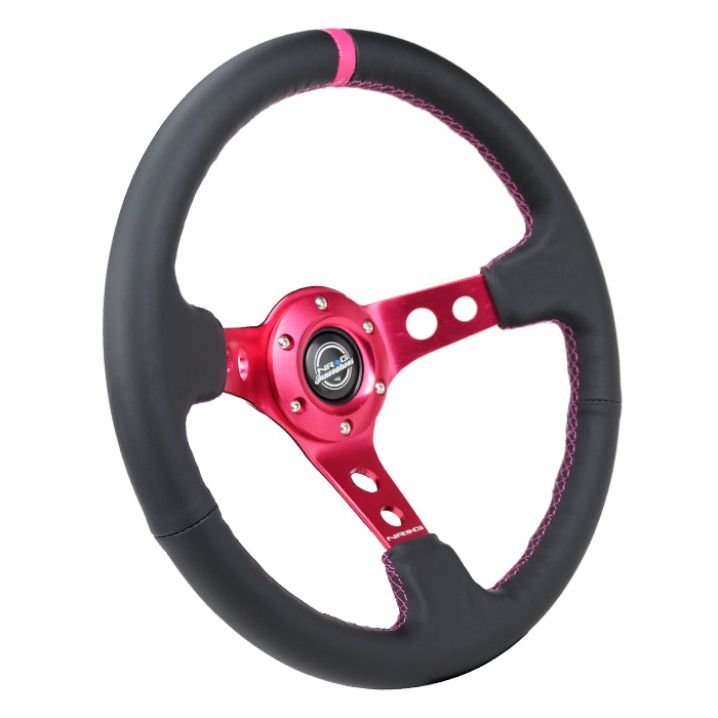 NRG Reinforced Steering Wheel (350mm/3in. Deep) Black Leather/ Fushia Center Mark/ Fushia Stitching-tuningsupply.com