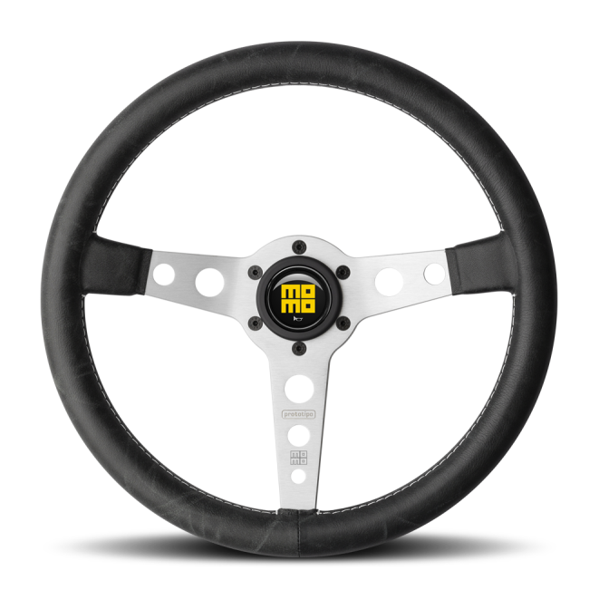 Momo Prototipo Steering Wheel 350 mm - Black Leather/White Stitch/Brshd Spokes-tuningsupply.com