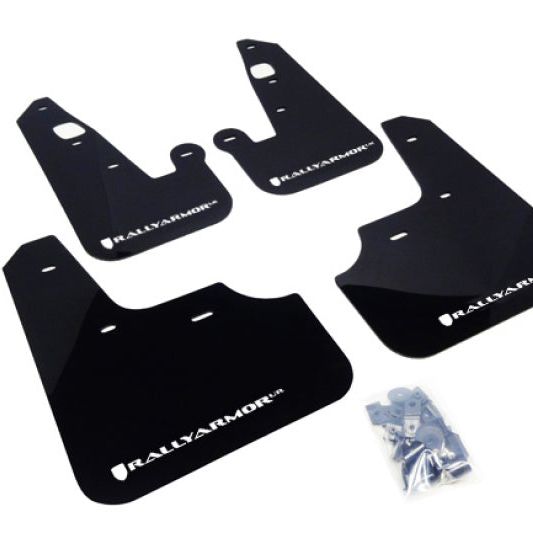 Rally Armor 07-17 Mitsubishi Lancer Black UR Mud Flap w/ White Logo-Mud Flaps-Rally Armor-RALMF8-UR-BLK/WH-SMINKpower Performance Parts