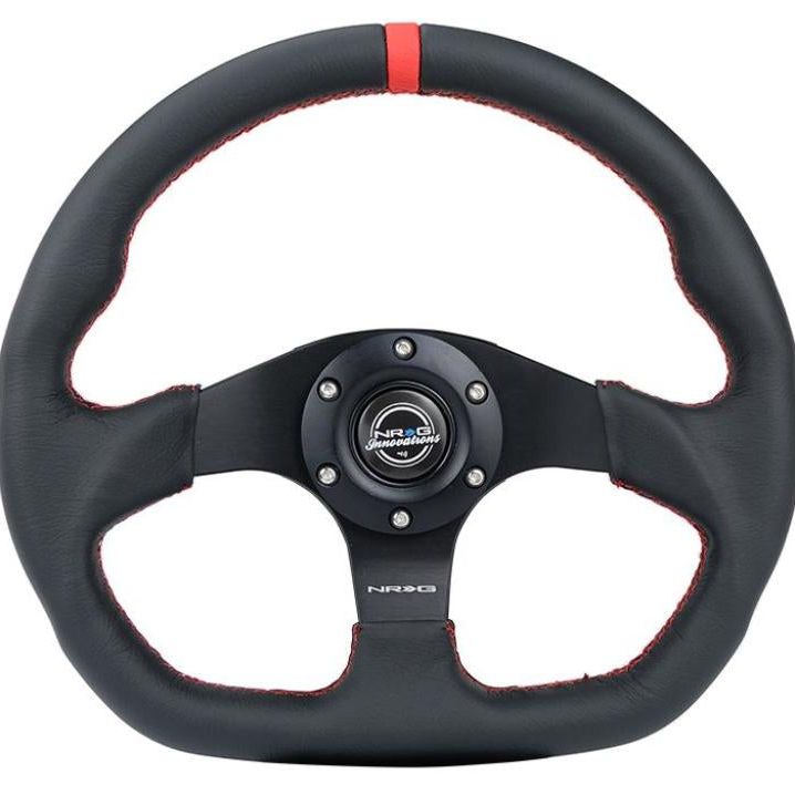 NRG Reinforced Steering Wheel (320mm) Sport Leather Flat Bottom w/ Red Center Mark/ Red Stitching-tuningsupply.com