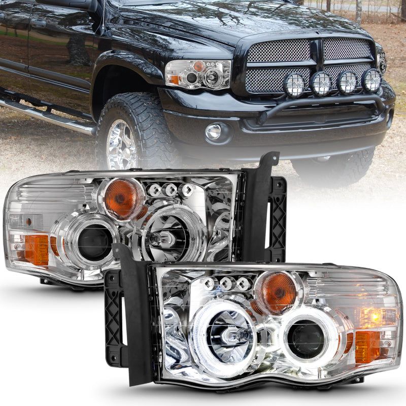 ANZO 2002-2005 Dodge Ram 1500 Projector Headlights w/ Halo Chrome Clear Amber-tuningsupply.com