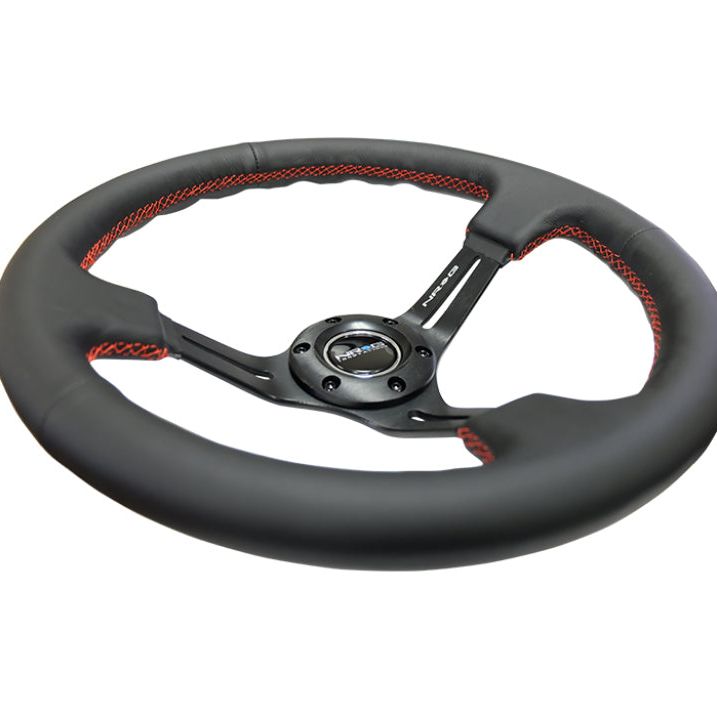 NRG Reinforced Steering Wheel (350mm / 3in. Deep) Black Leather/Red Stitch & Blk 3-Spoke w/Slits-tuningsupply.com