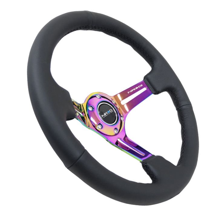 NRG Reinforced Steering Wheel (350mm / 3in. Deep) Blk Leather/Blk Stitch w/Neochrome Slits-tuningsupply.com