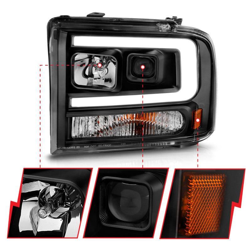 ANZO 99-04 Ford F250/F350/F450/Excursion (excl 99) Projector Headlights - w/ Light Bar Black Housing-tuningsupply.com