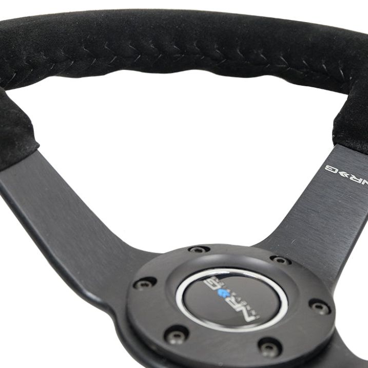 NRG Reinforced Steering Wheel (350mm / 3in. Deep) Blk Suede/Blk Bball Stitch w/5mm Matte Black Spoke-tuningsupply.com