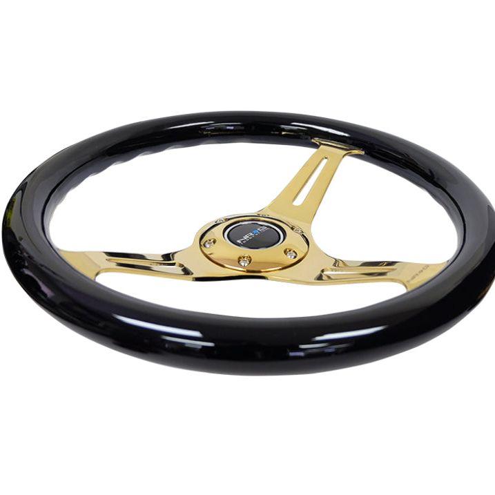 NRG Classic Wood Grain Steering Wheel (350mm) Black Grip w/Chrome Gold 3-Spoke Center-tuningsupply.com