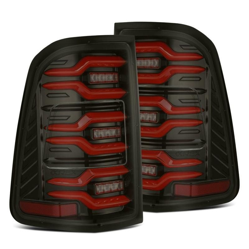 AlphaRex 19-21 Dodge Ram 1500 Luxx-Series LED Tail Lights Black/Red w/Activ Light/Seq Signal-tuningsupply.com