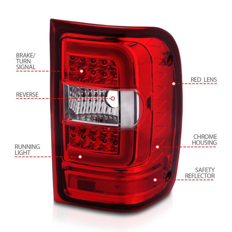 ANZO 2001-2011 Ford  Ranger LED Tail Lights w/ Light Bar Chrome Housing Red/Clear Lens-tuningsupply.com