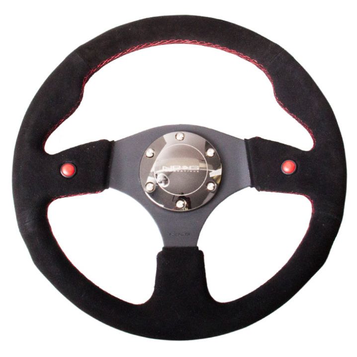 NRG Reinforced Steering Wheel (320mm) Blk Suede w/Dual Buttons-Steering Wheels-NRG-NRGRST-007S-SMINKpower Performance Parts