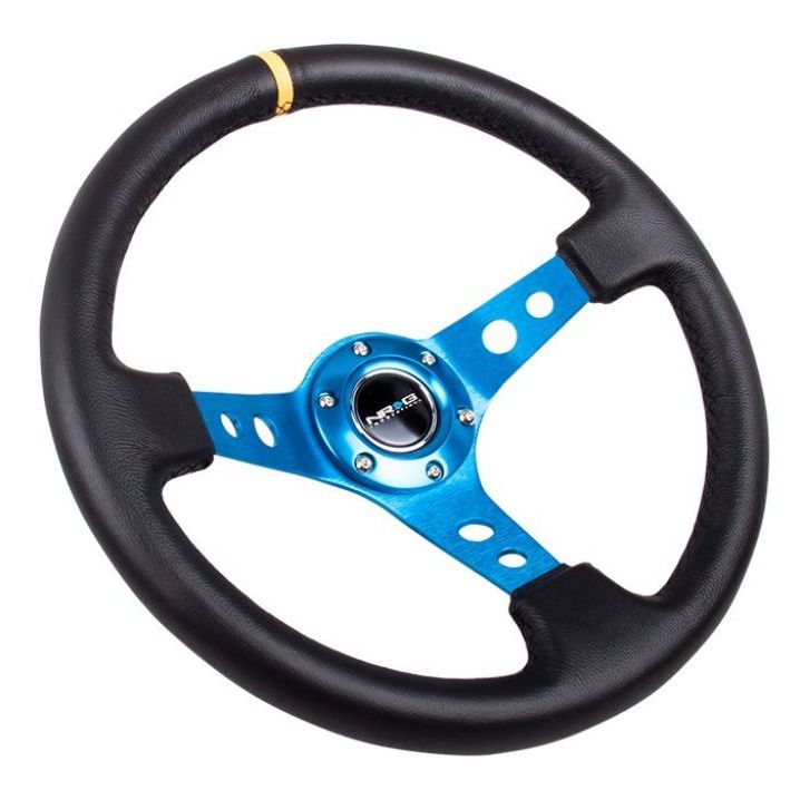 NRG Reinforced Steering Wheel (350mm / 3in. Deep) Blk Leather w/Blue Cutout Spoke & Single Yellow CM-tuningsupply.com