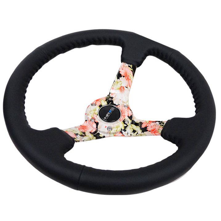 NRG Reinforced Steering Wheel (350mm / 3in. Deep) Blk Leather Floral Dipped w/ Blk Baseball Stitch-tuningsupply.com