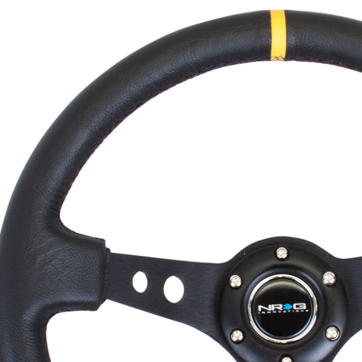 NRG Reinforced Steering Wheel (350mm / 3in. Deep) Blk Leather w/Blk Cutout Spoke/Yellow Center Mark-tuningsupply.com