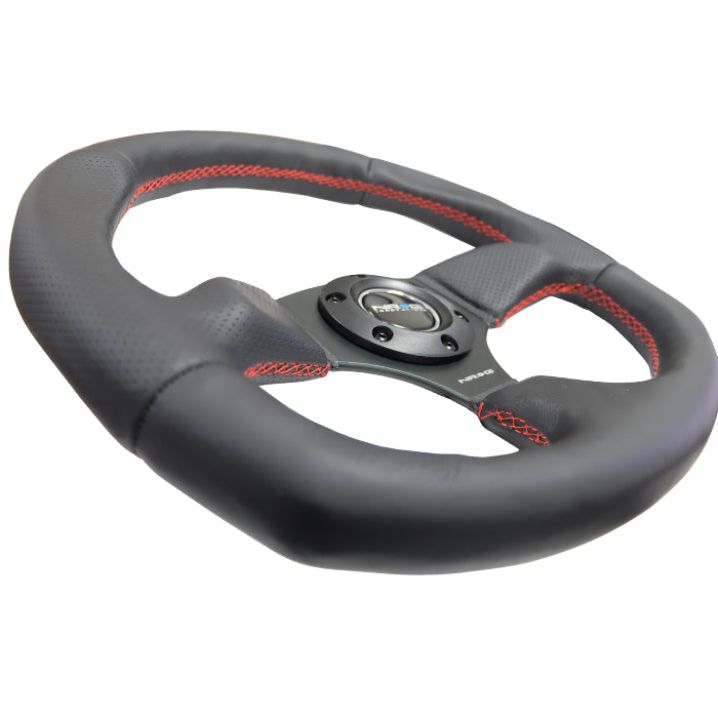 NRG Reinforced Steering Wheel (320mm Horizontal / 330mm Vertical) Leather w/Red Stitching-tuningsupply.com