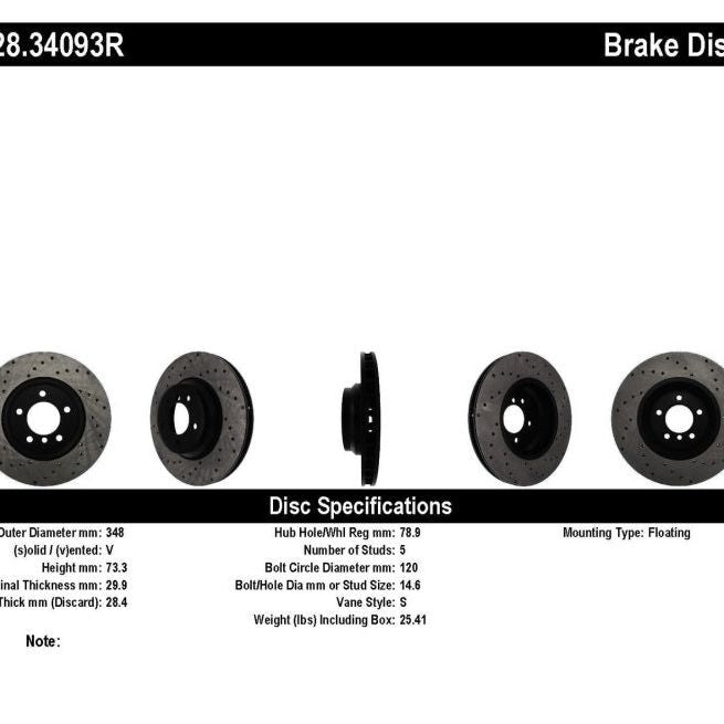 StopTech 07-10 BMW 335i Cross Drilled Right Front Rotor-Brake Rotors - Drilled-Stoptech-STO128.34093R-SMINKpower Performance Parts