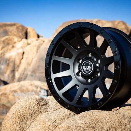 ICON Compression 18x9 6x5.5 0mm Offset 5in BS 106.1mm Bore Double Black Wheel-tuningsupply.com