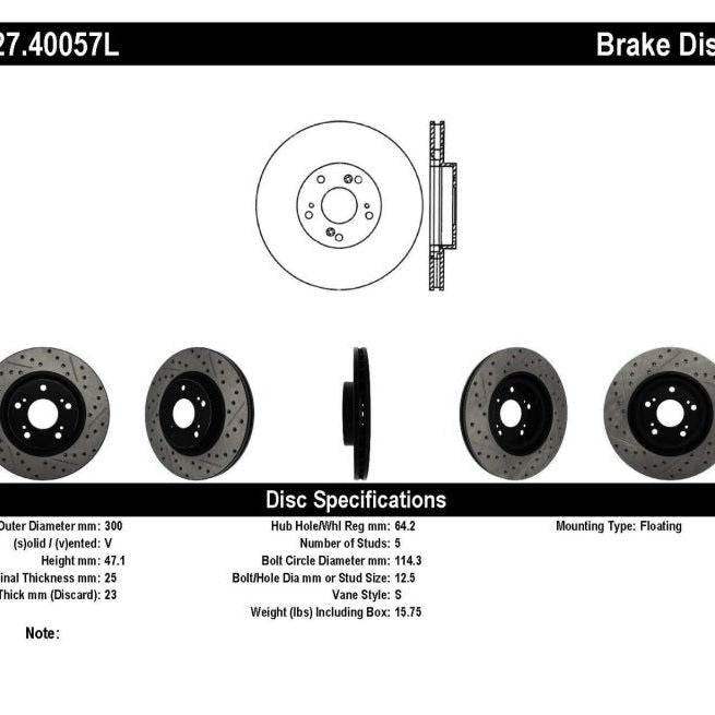 StopTech 02-06 Acura RSX Type S / 06-09 Honda Civic Si Slotted & Drilled Left Front Rotor-Brake Rotors - Slot & Drilled-Stoptech-STO127.40057L-SMINKpower Performance Parts