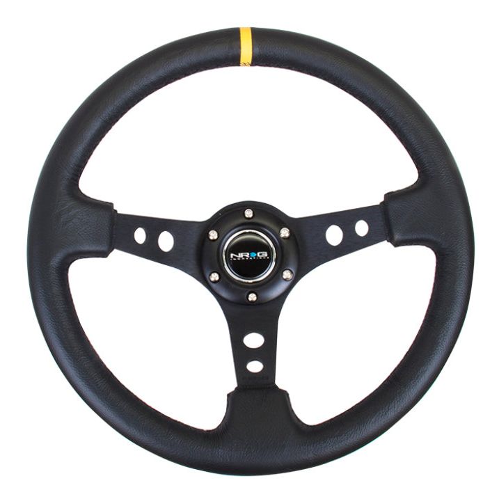 NRG Reinforced Steering Wheel (350mm / 3in. Deep) Blk Leather w/Blk Cutout Spoke/Yellow Center Mark-tuningsupply.com