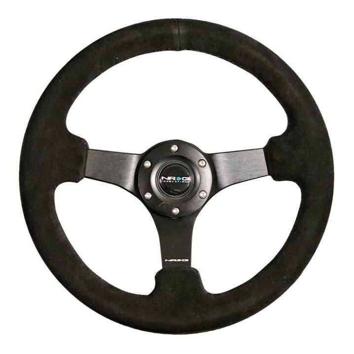 NRG Reinforced Steering Wheel (330mm / 3in Deep) Blk Suede w/Criss Cross Stitch w/Blk 3-Spoke Center-tuningsupply.com