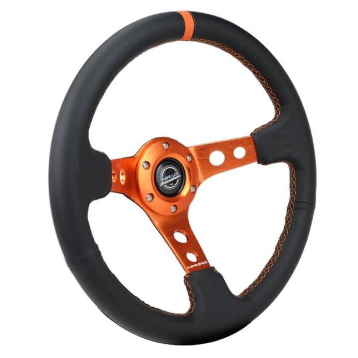 NRG Reinforce Steering Wheel (350mm / 3in. Deep) Blk Leather, Orange Center Mark w/ Orange Stitching - SMINKpower Performance Parts NRGRST-006OR NRG