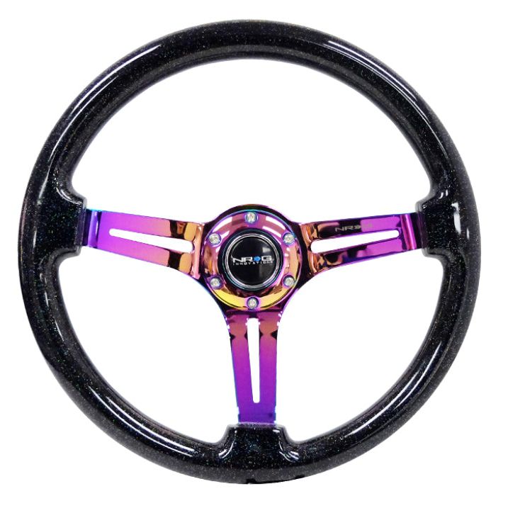 NRG Reinforced Steering Wheel (350mm / 3in. Deep) Blk Multi Color Flake w/ Neochrome Center Mark-tuningsupply.com