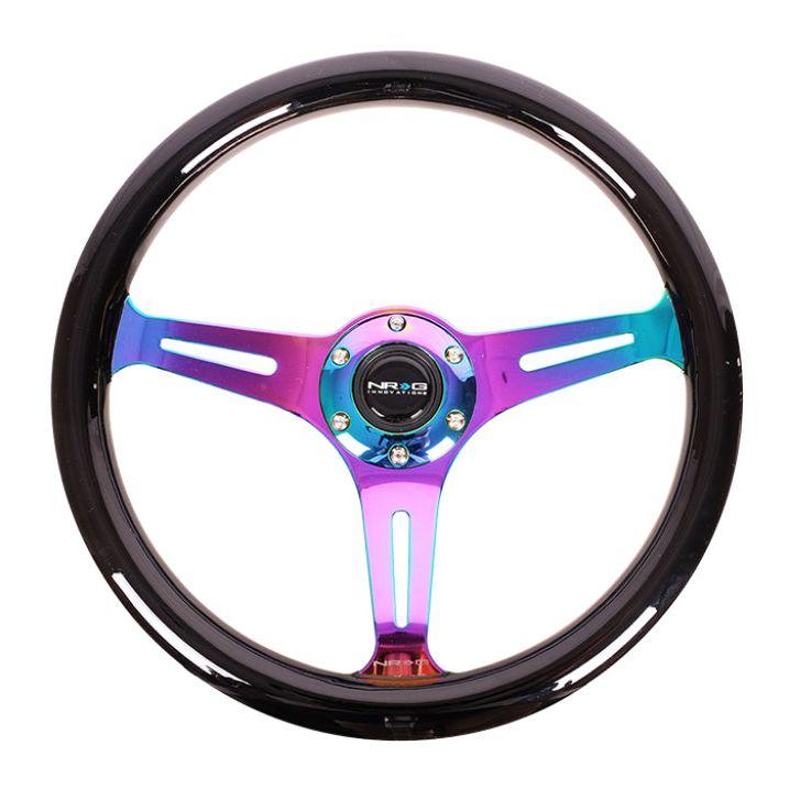 NRG Classic Wood Grain Steering Wheel (350mm) Black Paint Grip w/Neochrome 3-Spoke Center-Steering Wheels-NRG-NRGST-015MC-BK-SMINKpower Performance Parts