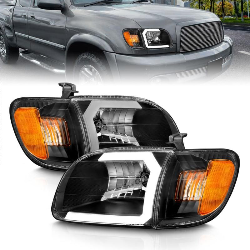 ANZO 00-04 Toyota Tundra (Fits Reg/Acc Cab Only) Crystal Headlights w/Light Bar Black w/Corner Light-tuningsupply.com