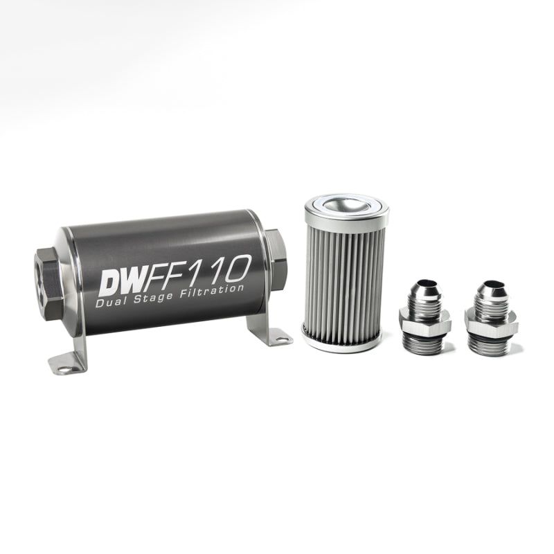 DeatschWerks Stainless Steel 8AN 10 Micron Universal Inline Fuel Filter Housing Kit (110mm)-tuningsupply.com