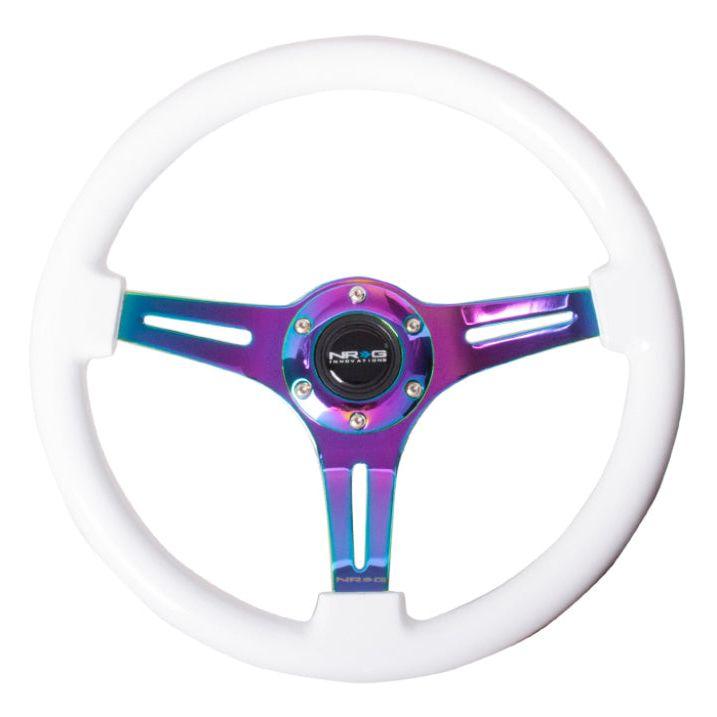 NRG Classic Wood Grain Steering Wheel (350mm) White Paint Grip w/Neochrome 3-Spoke Center-tuningsupply.com