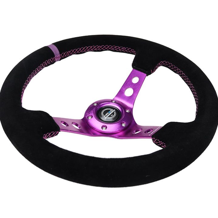 NRG Reinforced Steering Wheel (350mm / 3in. Deep) Black Suede w/Purple Center & Purple Stitching-tuningsupply.com