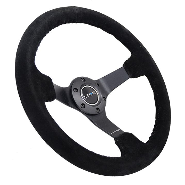 NRG Reinforced Steering Wheel (350mm / 3in. Deep) Blk Suede/Blk Bball Stitch w/5mm Matte Black Spoke - SMINKpower Performance Parts NRGRST-036MB-S-BK NRG