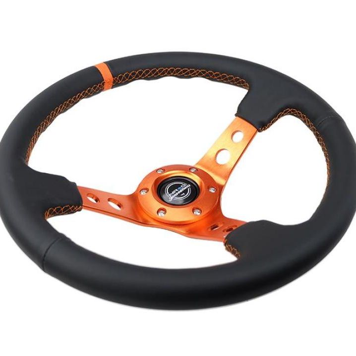 NRG Reinforce Steering Wheel (350mm / 3in. Deep) Blk Leather, Orange Center Mark w/ Orange Stitching-tuningsupply.com