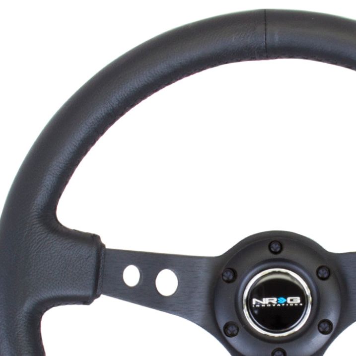 NRG Reinforced Steering Wheel (350mm / 3in. Deep) Blk Leather w/Blk Spoke & Circle Cutouts-tuningsupply.com