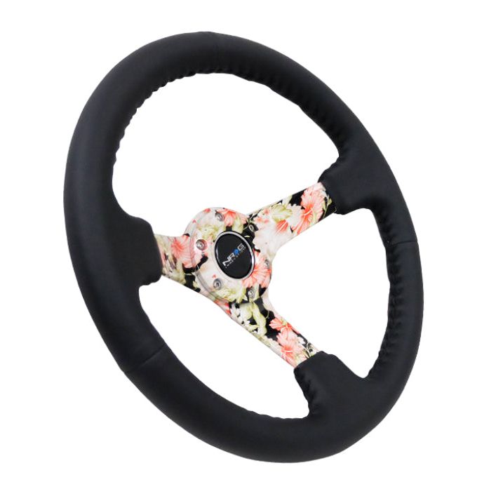 NRG Reinforced Steering Wheel (350mm / 3in. Deep) Blk Leather Floral Dipped w/ Blk Baseball Stitch - SMINKpower Performance Parts NRGRST-036FL-R NRG