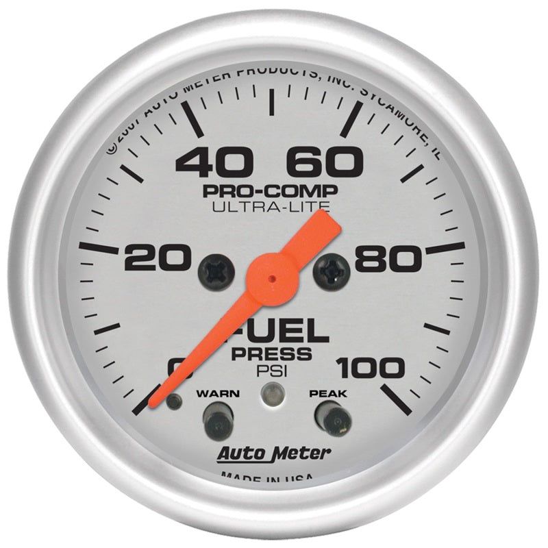 Autometer Ultra-Lite 52mm 0-100 PSI Fuel Pressure w/ Peak Memory Warning Gauge-tuningsupply.com