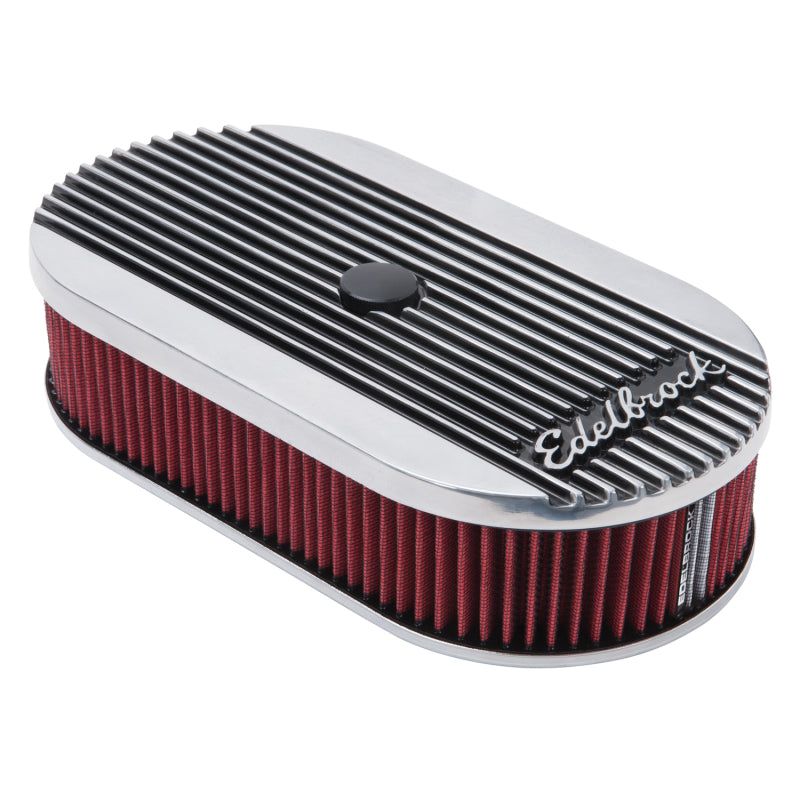 Edelbrock Air Cleaner Elite II Oval Single 4-Bbl Carb 2 5In Red Element Polished-tuningsupply.com