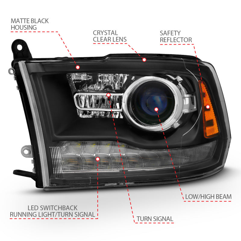 ANZO 2009-2018 Dodge Ram 1500 Projector Headlights Plank Style Halo w/Switchback Matte Black-tuningsupply.com