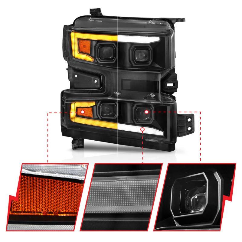 ANZO 19-22 Chevrolet Silverado 1500 LED Proj HL w/Lgt Bar SwBk Seq. Blk w/In. Light - Passenger Side-tuningsupply.com