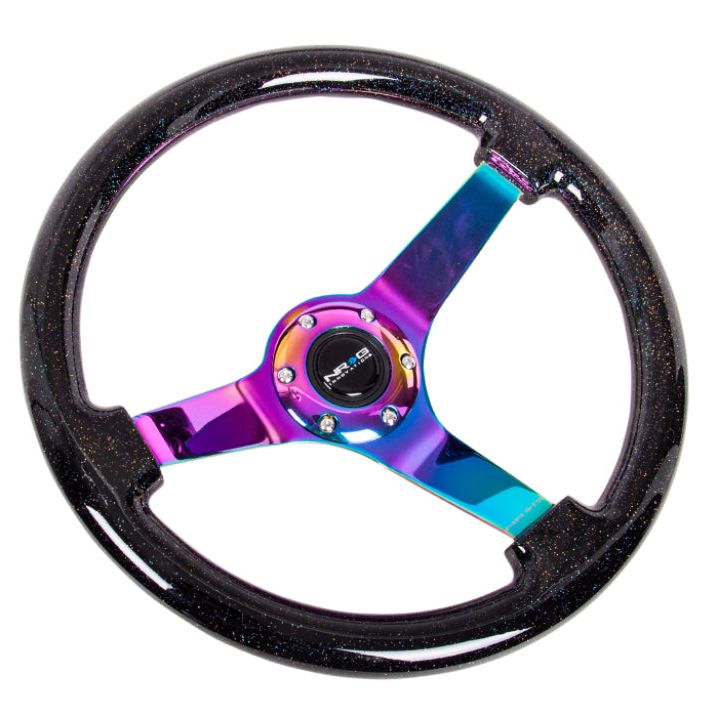 NRG Reinforced Steering Wheel (350mm / 3in. Deep) Classic Blk Sparkle w/4mm Neochrome 3-Spoke Center-tuningsupply.com