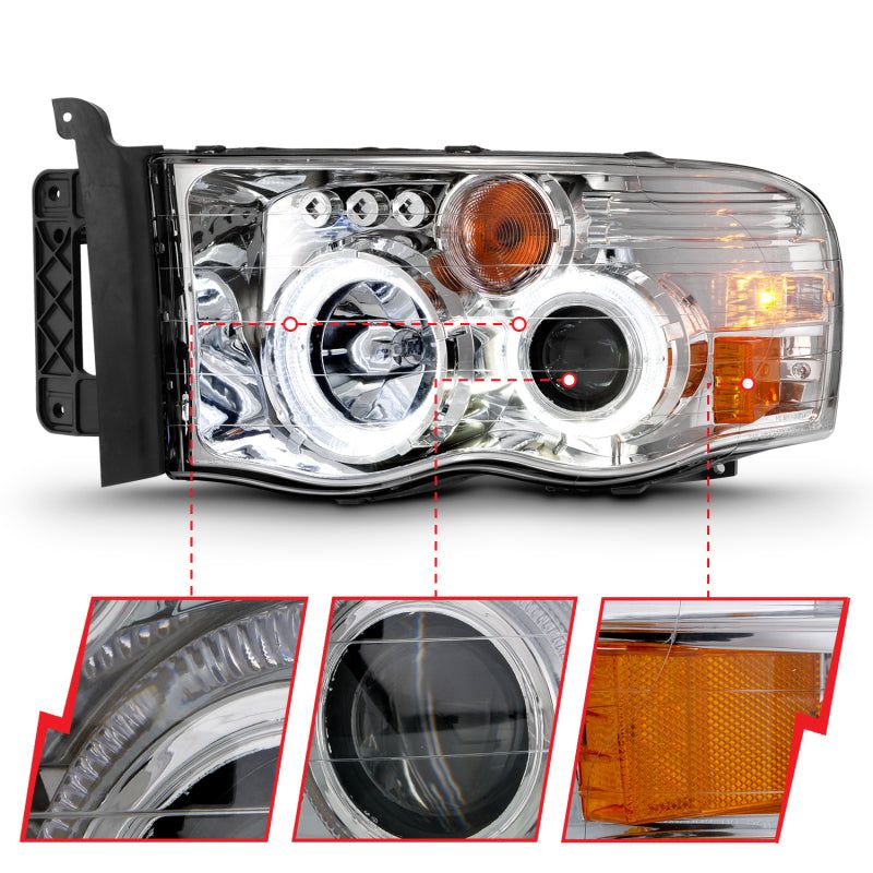 ANZO 2002-2005 Dodge Ram 1500 Projector Headlights w/ Halo Chrome Clear Amber-tuningsupply.com