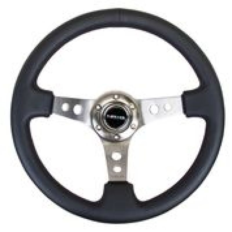 NRG Reinforced Steering Wheel (350mm / 3in. Deep) Blk Leather w/Gunmetal Circle Cutout Spokes-tuningsupply.com