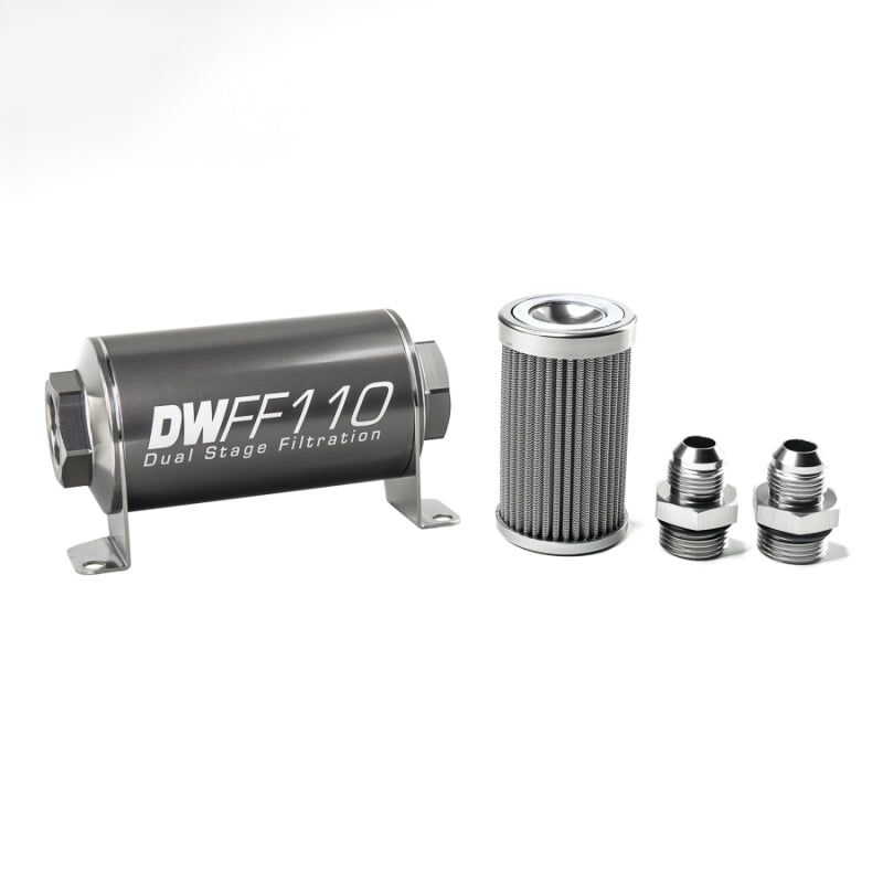 DeatschWerks Stainless Steel 8AN 100 Micron Universal Inline Fuel Filter Housing Kit (110mm)-tuningsupply.com