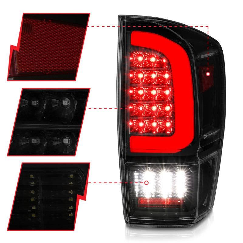 ANZO 16-21 Toyota Tacoma LED Tail Lights - w/ Light Bar Sequential Black Housing & Smoke Lens-tuningsupply.com