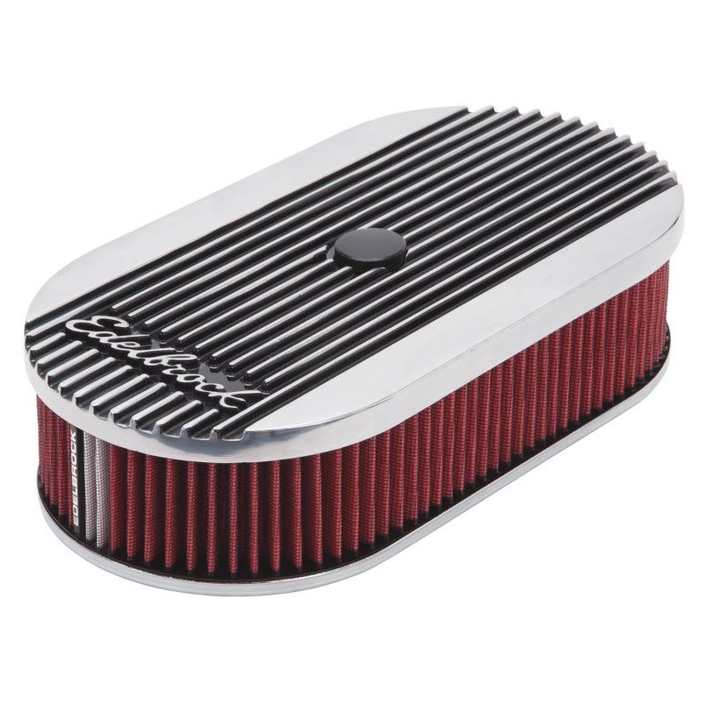 Edelbrock Air Cleaner Elite II Oval Single 4-Bbl Carb 2 5In Red Element Polished-tuningsupply.com