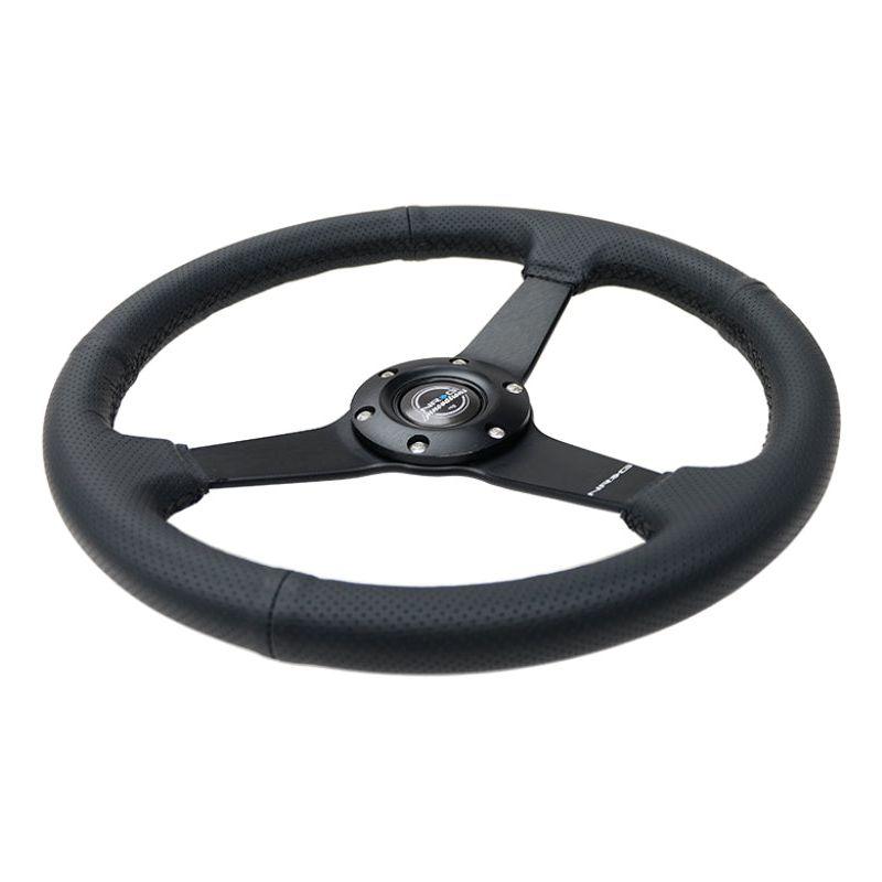 NRG Sport Steering Wheel (350mm / 1.5in Deep) Black Leather Black Stitch w/Matte Black Solid Spokes-tuningsupply.com