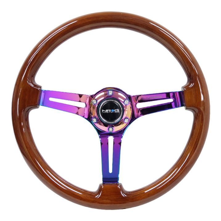 NRG Reinforced Steering Wheel (350mm / 3in. Deep) Brown Wood w/Blk Matte Spoke/Neochrome Center Mark-tuningsupply.com