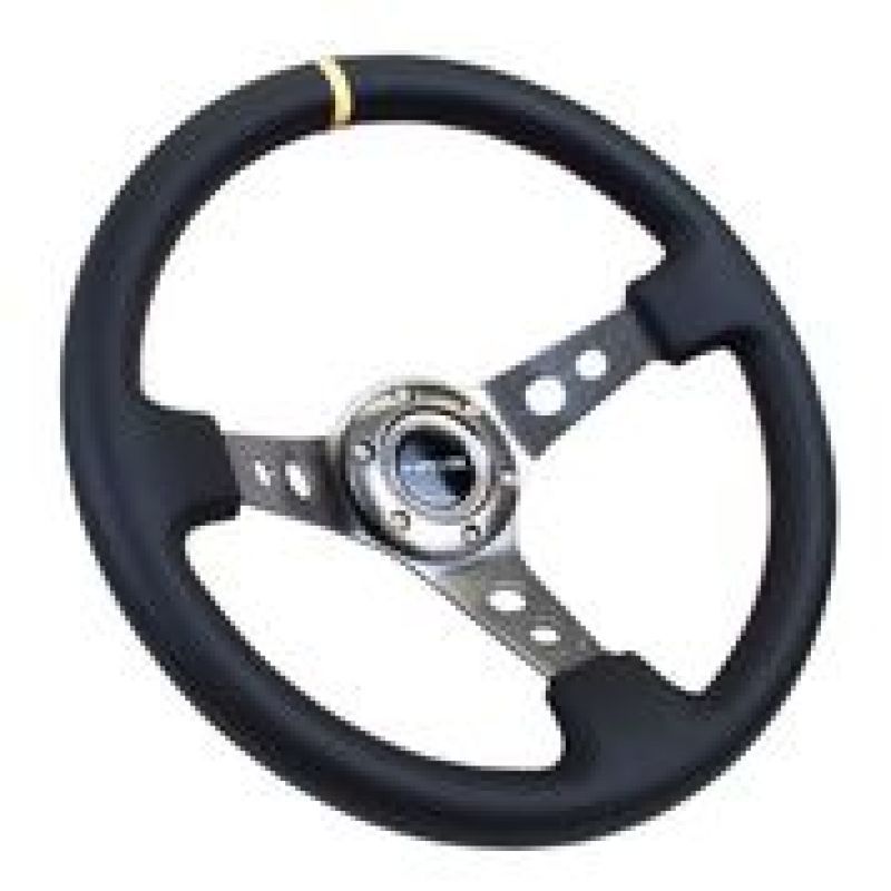 NRG Reinforced Steering Wheel (350mm / 3in. Deep) Blk Leather w/Gunmetal Cutout Spoke & Yellow CM-tuningsupply.com