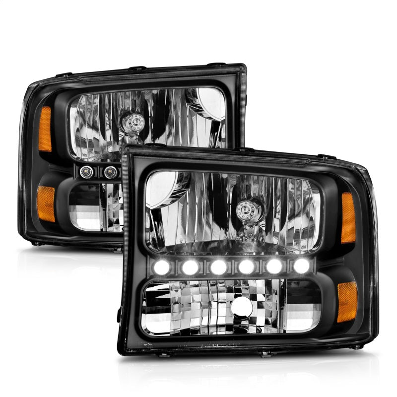 ANZO 2000-2004 Ford Excursion Crystal Headlights Black w/ LED 1pc-tuningsupply.com