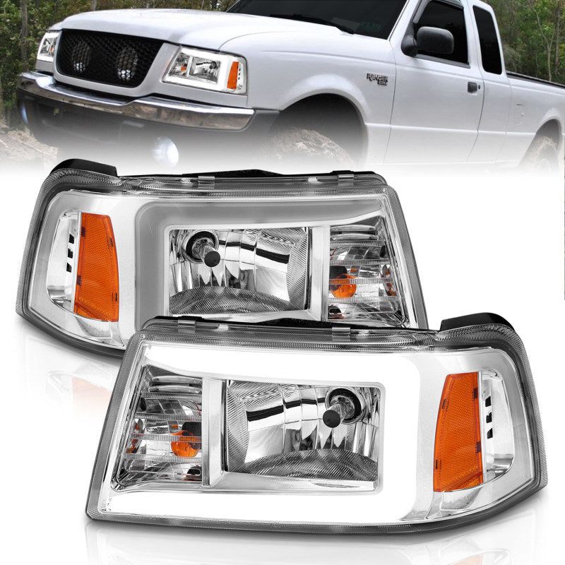 ANZO 2001-2011 Ford Ranger Crystal Headlights w/ Light Bar Chrome Housing-tuningsupply.com