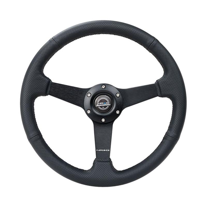 NRG Sport Steering Wheel (350mm / 1.5in Deep) Black Leather Black Stitch w/Matte Black Solid Spokes - SMINKpower Performance Parts NRGRST-037MB-PR NRG